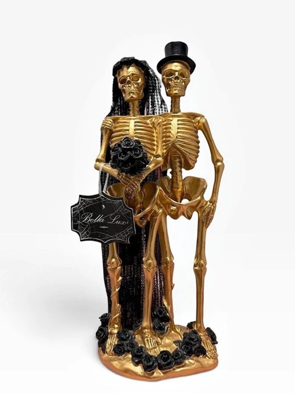 Bella Lux Gold Skeleton Bride & Groom Figurine Halloween decor Gold & Black NEW